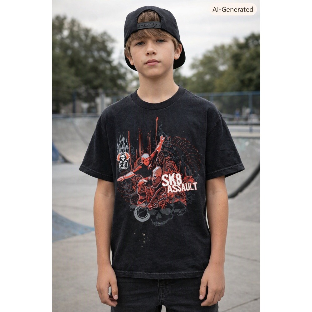 Y2K GWP Sport SK8 Assault T-Shirt Youth Boys Size XL Black Sk8 Assault Graphic